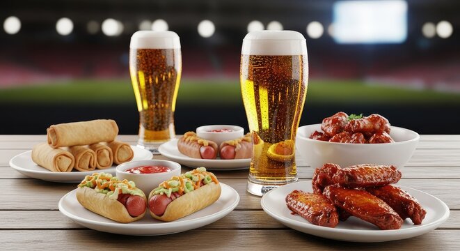 Golden glasses of cold lager and plates of hot appetizers sit on a wooden table at an outdoor terrace during an evening sports match event, patio, field, beer