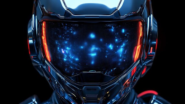 Futuristic Helmet Displaying Digital Data Streams