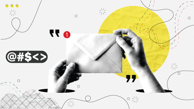 Trendy halftone collage of hands holding a paper mail envelope with notification icons and abstract geometric elements vector illustration