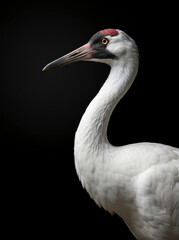 Obraz premium Vertical portrait of a white crane with a red crown. Close up profile of an endangered bird on a black background. Endangered Species Day concept