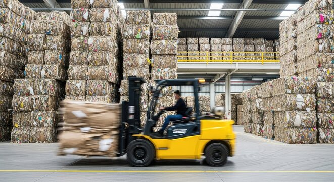 Large industrial warehouse interior featuring towering stacks of recycled paper bales with a yellow forklift in motion creating a motion blur, speed, wholesale, freight