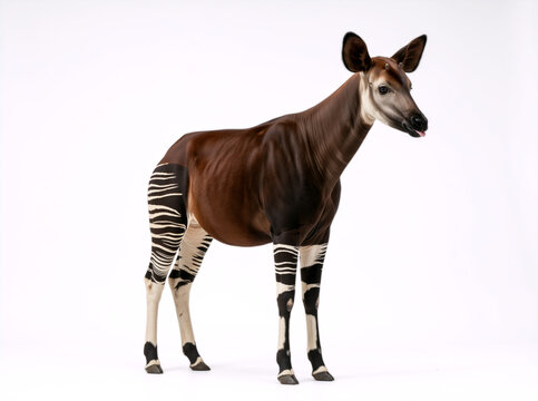 Full body portrait of an okapi standing on a white background. Rare African mammal with striped legs isolated. Endangered Species Day