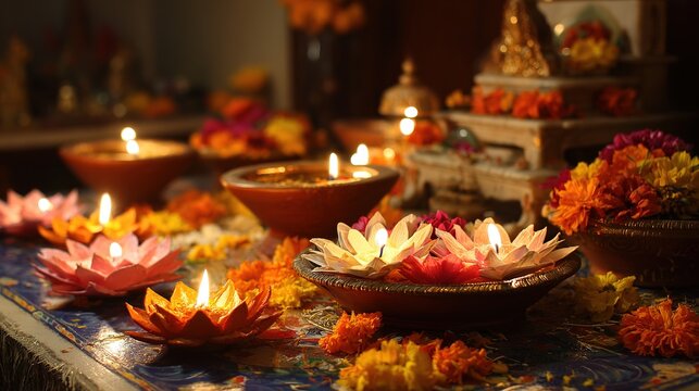 Ram Navami Decoration Ideas for Home Altar with Lotus Flowers Festive Celebration Vibrant Environment Spiritual Viewpoint Enhancing Peace and Devotion