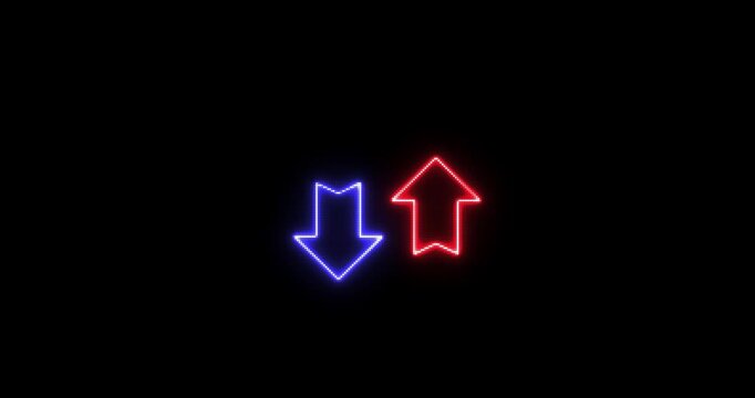 Neon colorful Swipe up and down arrow animation. Glowing up and down arrow pointer icon sign. neon arrows moving on a black background