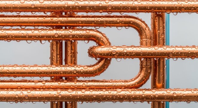 Polished copper piping with glistening water droplets showcases the cooling process and thermal transfer within a high-tech refrigeration unit, hardware, mechanical, industrial
