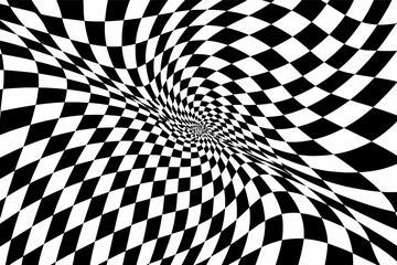 Obraz premium Abstract black and white distorted checkered vector pattern with a psychedelic optical illusion vortex. Hypnotic monochrome geometric background for modern graphic design, wallpaper, and art.