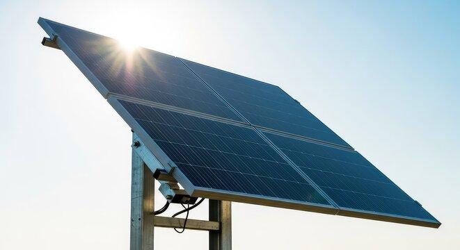 Un moderno pannello solare monocristallino fissato su una struttura metallica regolabile, catturando energia pulita sotto un cielo luminoso, green energy, solar panel, industrial