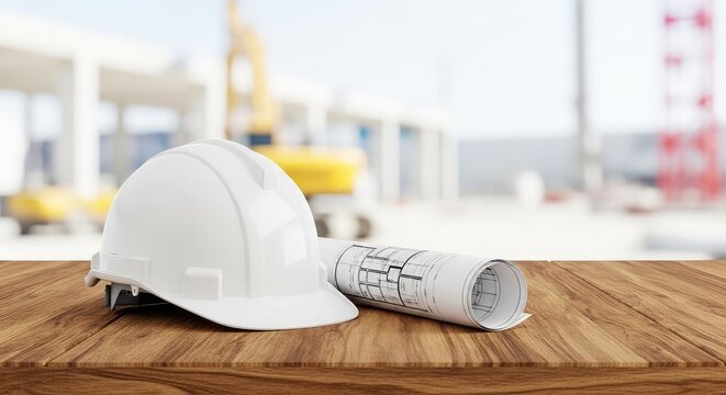 Un elmetto di sicurezza bianco e un rotolo di planimetrie tecniche poggiano su un tavolo da lavoro in legno presso un cantiere edile, rotolo, fondamenta, casco