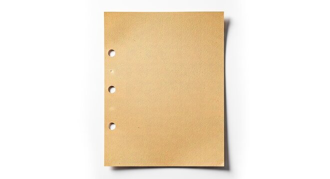 Vertical blank kraft paper sheet with a natural brown texture featuring three circular punch holes along the left edge on a clean surface, material, punch, list