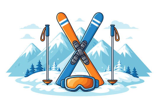 Flat vector illustration of crossed orange and blue skis, ski poles, and goggles set against a snowy mountain landscape with pine trees, ideal for winter sports, alpine travel, and skiing themes.