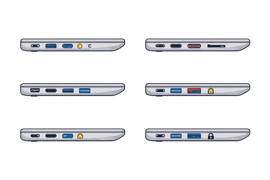 Collection of flat vector icons depicting laptop side profiles with diverse connectivity ports like USB-A, USB-C, HDMI, SD card reader, audio jack, and security slot for hardware interface design.