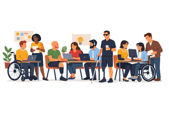 Diverse and Inclusive Office Workspace with Employees with Disabilities Working Together. People in Wheelchairs, with Prosthetic Limbs, and Visual Impairments Collaborating in a Modern Office.