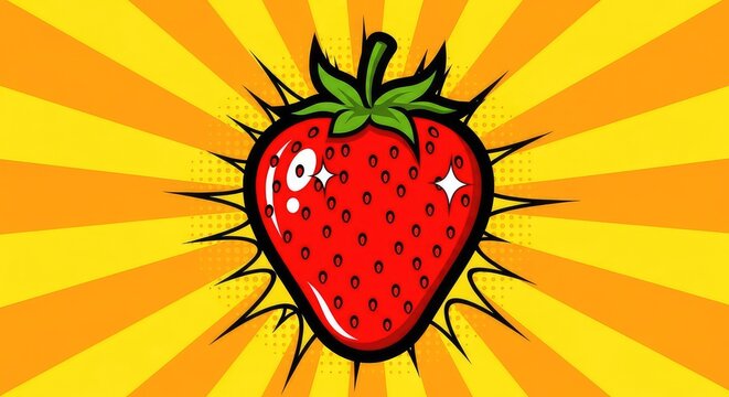 Vibrant red strawberry in a bold pop art illustration style, set against a dynamic yellow and orange starburst comic book background pattern, background, pop art, decorative