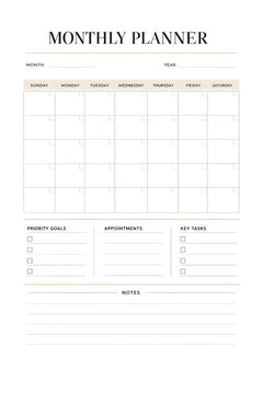 Luxury minimalist monthly planner layout in black beige and muted gold clean modern print ready design