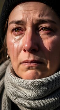 A close-up portrait of a woman crying and wearing a scarf and beanie in a somber mood 2026 soccer world championship