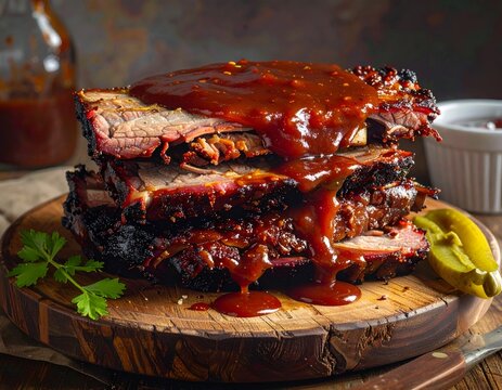 Tumpukan Daging Sandung Lamur BBQ dengan Saus di Atas Kayu Bakar