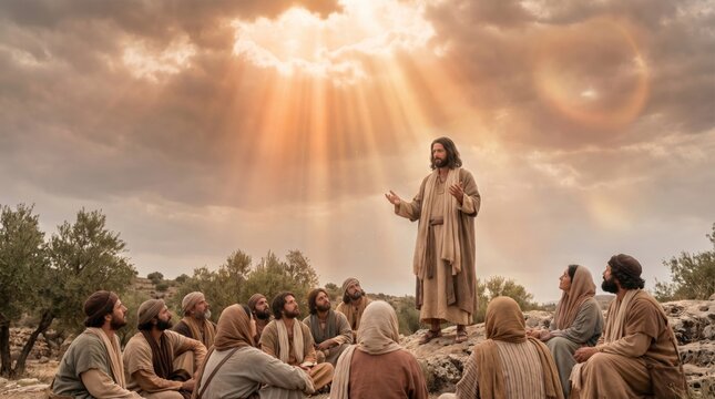 Jesus preaching to a group of men and woman outdoors under a dramatic sky with golden sun rays. Biblical scene representing sermon on the mount, spiritual teaching, faith and christianity.