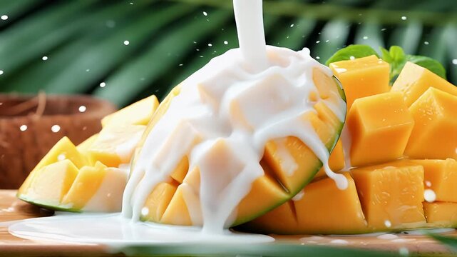 Ripe mango slices being drizzled with fresh white coconut milk, tropical style 4k