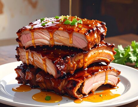 Glazed pork ribs stacked high