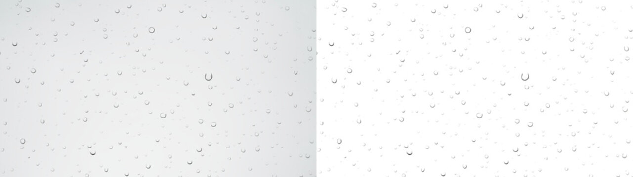Realistic water droplets, drops, raindrop on transparent wet clear window surface - Crystal clarity, fresh liquid aqua texture. Bubbles & moisture reflection on clear glass surface.