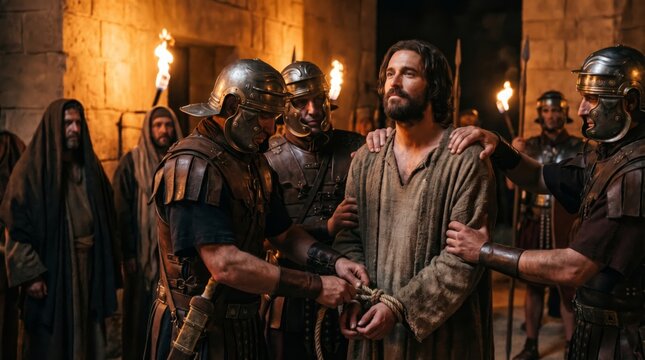 Jesus captured by Roman soldier. Man being bound with rope by centurion in ancient prison. Biblical scene portraying arrest of Christ for history, religion, faith and drama project.