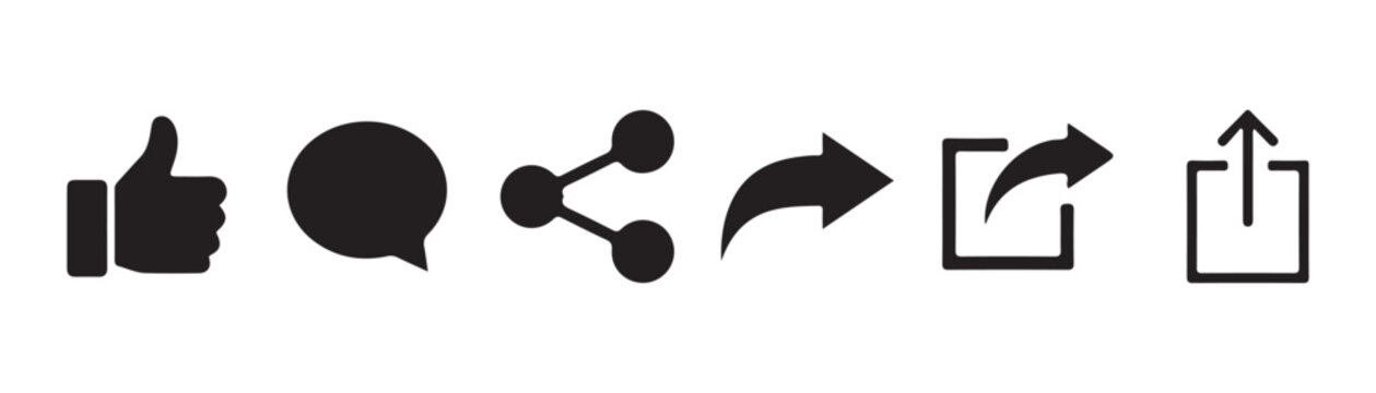 Linear and solid black icons for social media engagement including thumbs up and content sharing functions.