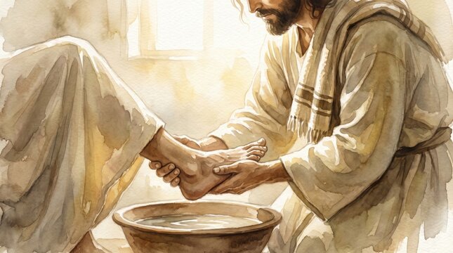 Jesus washing the feet of man. Biblical scene showing act of service and humility. Artistic watercolor painting for religious education, Holy Thursday liturgy and christian worship.