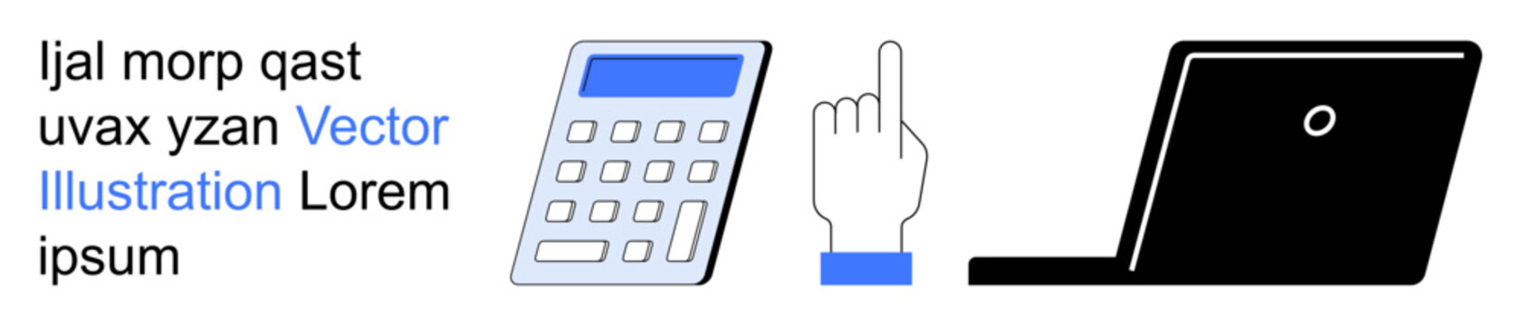 Technology, digital interaction, computing, business tools, productivity, online tasks. Calculator, hand pointer and laptop on white background. Technology and digital interaction concepts