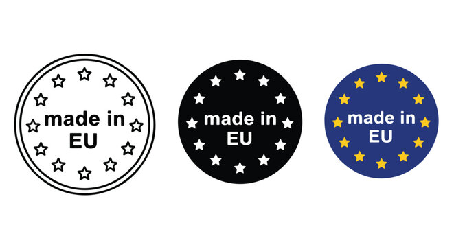 EU made in circular badges icon set - Minimalist, flat icon, outline, glyph, linear, clipart, sticker - icon set