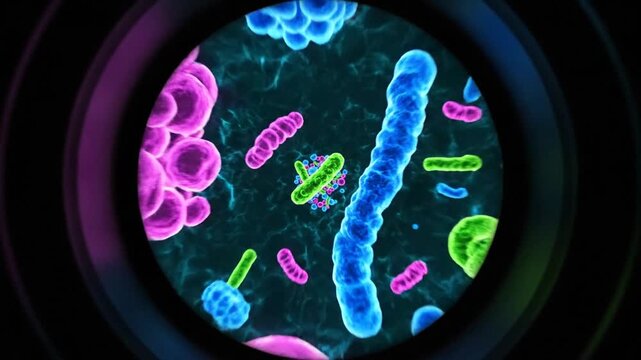 Microscopic view of diverse colorful bacteria and microorganisms including rod-shaped bacilli, spherical cocci clusters, and spiral-shaped spirilla seen through a laboratory microscope lens.