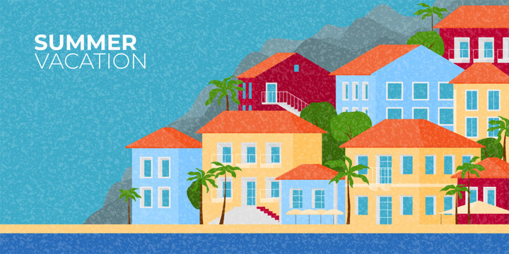 Bright Summer Landscape Of Sea Town Or Village. Vector banner with bright colorful houses and palm trees on coastline of sea. Summer design concept for holiday event and vacation or travel poster.