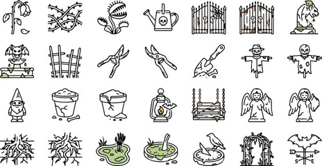 Vector set of haunted garden line icons featuring a gothic fountain, venus flytrap, scarecrows, gargoyles, and spooky outdoor landscaping elements. © PNG Stock world 