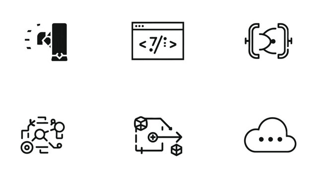 Iconic Code Elements: A collection of meticulously crafted icons represents various facets of coding, design, and cloud computing. The minimalist style enhances their visual appeal