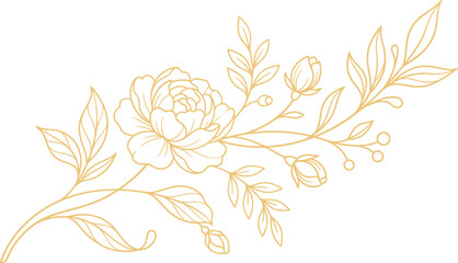 Elegant gold floral vector illustration featuring delicate peony blossoms and leafy branches for refined wedding invitations and sophisticated branding designs © Firdaus