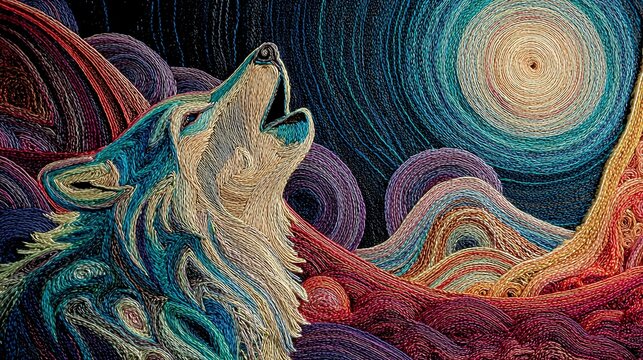 A vibrant abstract depiction of a wolf howling at a colorful moonlit sky.