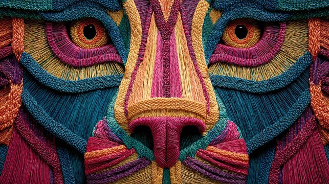 Colorful artistic lion face created with woven threads.