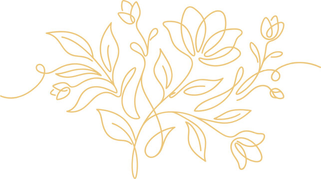 Elegant single line drawing vector illustration featuring a beautiful bouquet of delicate flowers with long stems and soft organic leaves