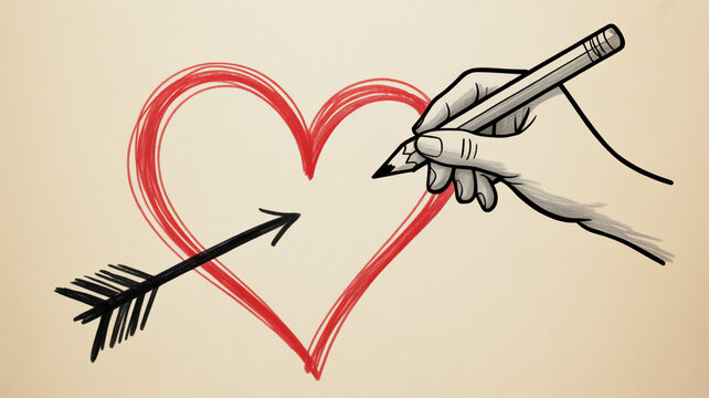A hand draws a red heart with an arrow through it using a pencil on cream-colored paper.