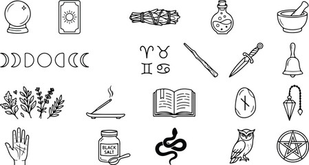 Collection of mystical witchcraft line icons featuring a crystal ball, tarot card, zodiac signs, magic wand, athame, owl, and spiritual ritual tools. © PNG Stock world 