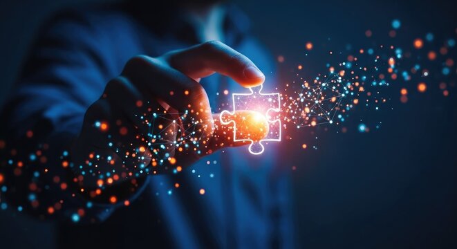 Person connecting glowing jigsaw puzzle piece symbolizing innovation and technology