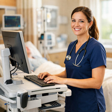 A professional, smiling female nurse in blue scrubs with a stethoscope standing at a mobile computer workstation in a clinical hospital room, providing dedicated patient care and medical documentation
