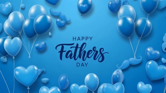 Blue father's day greeting with floating balloons, heartshaped balloons and mustache decorations on a festive blue background