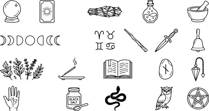 Collection of mystical witchcraft line icons featuring a crystal ball, tarot card, zodiac signs, magic wand, athame, owl, and spiritual ritual tools.