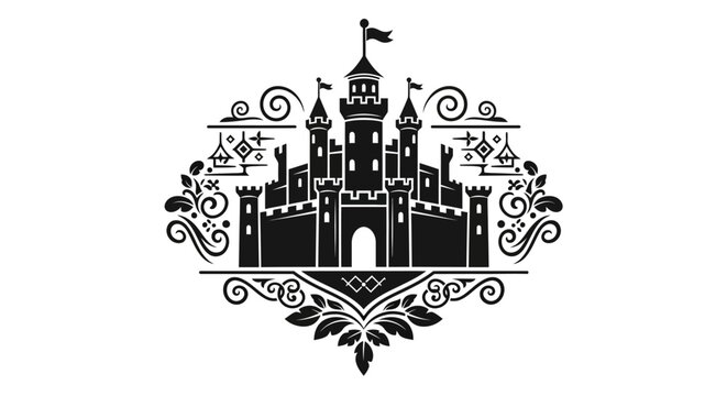 Black and white castle illustration.