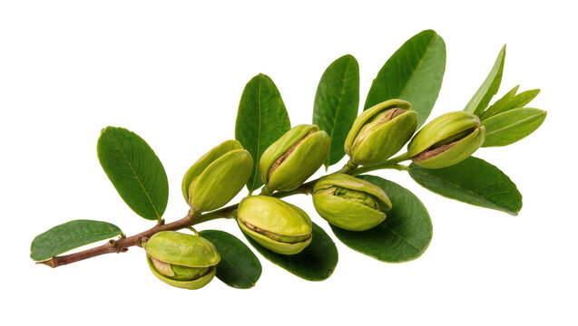 Isolated branch with fresh green pistachio nuts and vibrant leaves on a clean studio shot