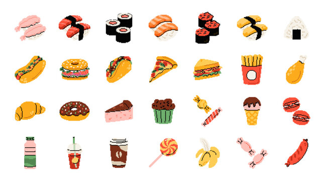 Pixel art fast food. Icon pizza, burger, sushi. 8 bit meal. Vintage hot dog. Graphic retro restaurant. Sign UI menu, cartoon dinner assortment. Vector symbol garish game isolated graphic elements set