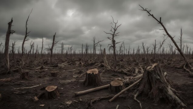 Stark landscape of felled trees and bare earth under a brooding, overcast sky