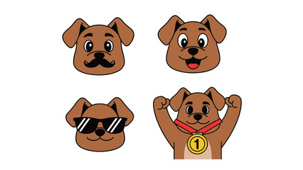 Fototapeta premium Collection of four brown dog head emojis displaying unique styles like a mustache, happy face, cool sunglasses, and winning a gold medal prize.