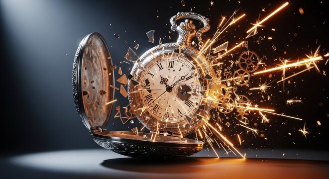 Pocket watch exploding with light and energy on dark background