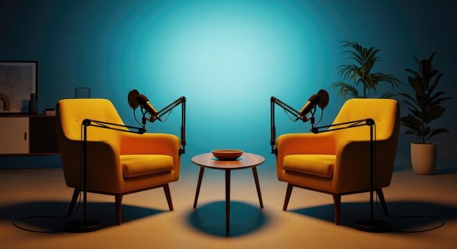 Podcast studio interior with two microphones and armchairs